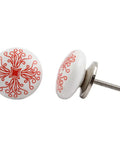 100 Piece Red Leaf Flat Ceramic Drawer Knobs And Cabinet Pulls For Kitchen Dresser Doors Premium Rust Free solid white knobs with red intricate design.
