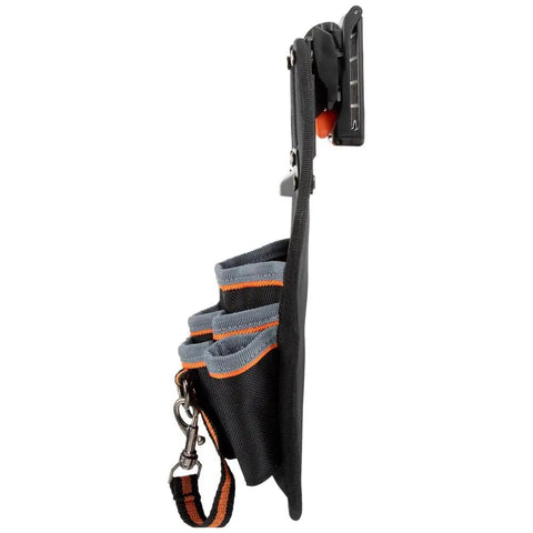 8 Pocket Electrician Tool Pouch for Quick Attach and Release on Tool Belts and MODBox Rail System with belt clip, side view.