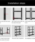 Installation steps for Tough As Nails Heavy Duty 6-Tier Metal Shelving Rack with detailed illustrations.