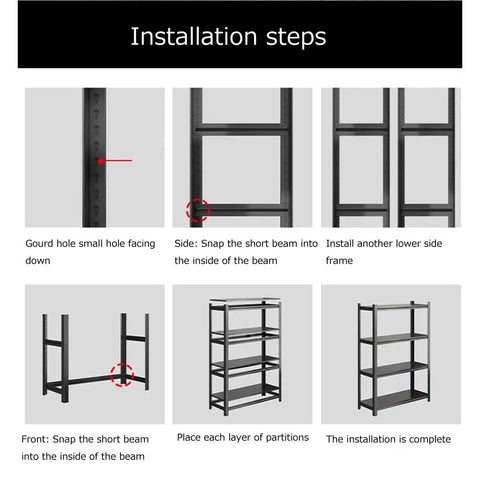 Installation steps for Tough As Nails Heavy Duty 6-Tier Metal Shelving Rack with detailed illustrations.