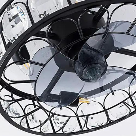 Boss Level Vintage Industrial Fandelier Ceiling Fan With Bright Lighting, 18 Inch Low Profile Flush Mount With Remote, Sturdy Black Metal Build For Living Spaces, Dual Direction Spins And Major Cool Factor view from below showing fan blades and crystal detailing.