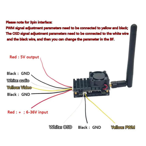 Over 20Km Range 5.8GHz FPV Wireless Transmitter 2000mW 48CH schematic with SMA antenna and wiring instructions