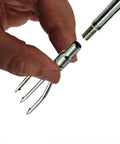 Galvanized 3 Prong Flat Trident for Spearfishing Freediving and Scuba Diving, 6mm Thread, held by hand, showing assembly detail