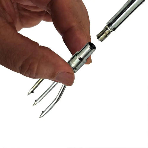 Galvanized 3 Prong Flat Trident for Spearfishing Freediving and Scuba Diving, 6mm Thread, held by hand, showing assembly detail