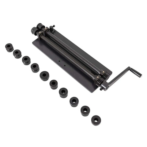 Hand Crank Sheet Metal Bead Roller Machine With Six Die Sets for fabrication, adjustable roller pressure, forward and reverse, black