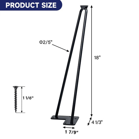 Hairpin Table Legs 18 Inch Set Of 4 Solid Steel Heavy Duty Black for DIY projects showing dimensions with screw