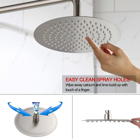 Person touching easy clean spray holes of Brushed Nickel Shower System With Adjustable Slide Bar And 10 Inch Rain Shower Head Plus Handheld Spray.