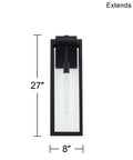 Front view of Modern Industrial Outdoor Wall Light Fixture in Mystic Black with 27 inch clear glass panels, extends 10 inches.