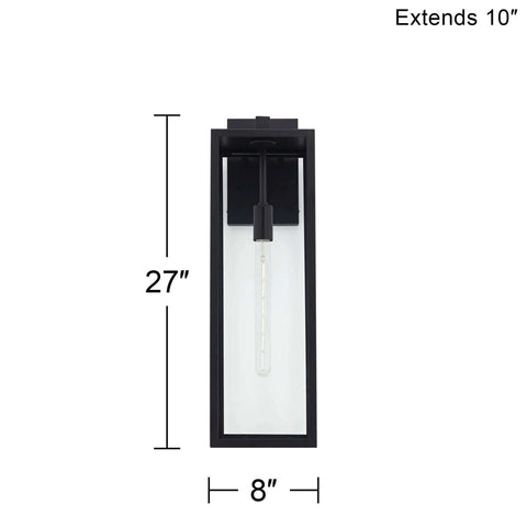 Front view of Modern Industrial Outdoor Wall Light Fixture in Mystic Black with 27 inch clear glass panels, extends 10 inches.