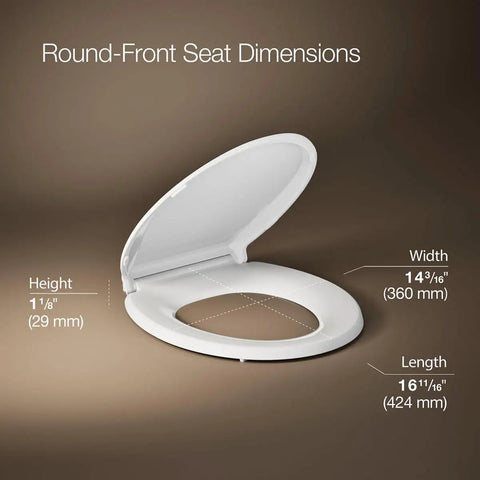 Cachet Round Toilet Seat With Quiet Close Lid, Grip Tight Bumpers, Release Hinges, Quick Attach Hardware, White, open angle view with dimensions
