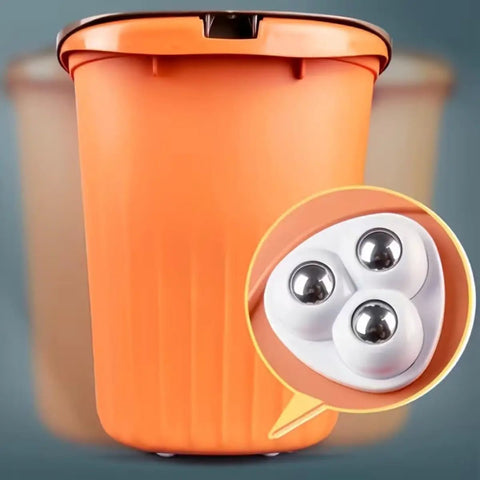 Four Pack Matte Black Swivel Caster Wheels Featuring Silent Stainless Steel Bearings And Buttery Smooth 360 Spin Performance Hassle Free Adhesive Mount For Effortless No Drill Furniture Cabinet Glide And Heavy Duty Household Moves, shown on an orange trash bin.