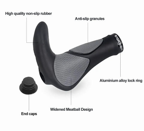 Ergonomic Bicycle Grips With Wide Palm Support 130 Mm Long Grippy Rubber Handlebar Grips With Aluminum Lock On, Black and Grey, End Caps