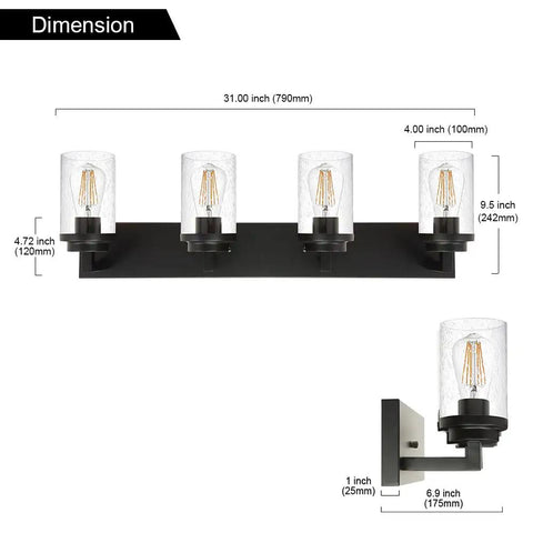Dimensions diagram of 4 Light Black Vanity Light Fixture For Bathroom, Dope Modern Wall Mount With Seeded Glass Shades, 31 Inch Long