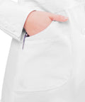 Close-up of a hand in the pocket of a Women's Lab Coat 32 Inch Length White With Classic Fit And All Day Comfort Pockets.