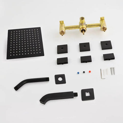 Components of Matte Black 3 Handle Tub And Shower Faucet Set With Rainfall 8 Inch Shower Head Waterfall Tub Spout And Valve Trim Kit