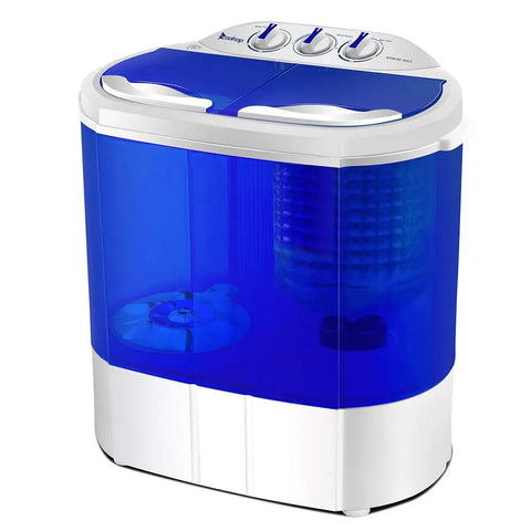 Twin Tub Semi Automatic Washer Engineered For A No Sweat Laundry Day With A Sleek Quiet Motor And Extended Hoses For Straight Up Hassle Free Cleans On Medium Loads In Small Spaces. Compact design with blue casing and control knobs.