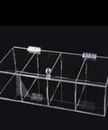 Clear acrylic box showcasing Transparent Folding Hinge Kit 20 Pieces 25x34mm Clear Acrylic Cabinet Closet Hinge Tool on black background.