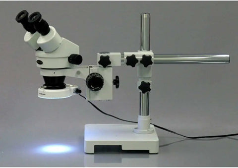 Pro Grade Binocular Stereo Zoom Microscope With Boom Stand, 7X To 45X Magnification, 0.7X To 4.5X Zoom Objective, 80 LED Ring Light, WH10x Eyepieces, Long Working Distance For Circuit Boards And Dental Gear, Maker Friendly, side view on boom stand