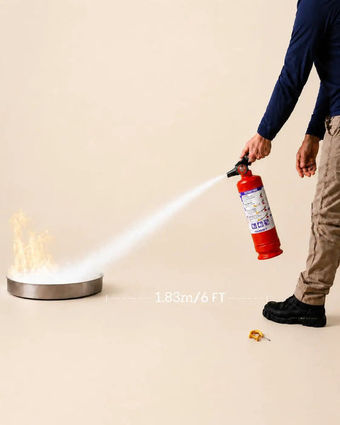 Person using ABC Fire Extinguisher For Home Base With Patent Pending Easy Press Handle That Skips The Pin Drama, 2.5 Lb Unit Rated Class A B C.