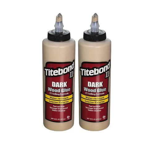 Two bottles of Dark Wood Glue II 16 Oz Dye Version With Quick Set, DIY Friendly Weatherproof Bond That Sands Smooth, Delivers Strong Initial Tack And A Bond Stronger Than Wood For Cabinets, Furniture, And All Your Woodworking Projects.