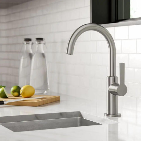 Oletto Single Handle Kitchen Bar Faucet in Spot Free Stainless Steel, sleek design in a modern kitchen setting with lemon and bottles