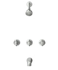 Three Handle Tub And Shower Set In Chrome With Canopy Handles Including Shower Head Arm And Flange One Half Inch IP Union Inlets