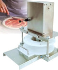 Heavy Duty Electric Dough Press Commercial Pizza Roller Sheeter Machine with stainless steel base and dough plate for pizzas.