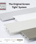 No Sweat Porch Screening System Featuring Durable Vinyl Cap And Base Rails Sold As A 20 Pack Of 1.5 By 96 Inch Continuous Rolls. Display of white, grey, beige, and brown vinyl trim.