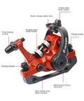 Badass Mechanical Disc Brake Set For Mountain And Road Bicycles Including Front And Rear Caliper Hardware With 160Mm Rotors Super Smooth Quiet Wire Pull Braking Fresh Red Setup close up of red caliper features and hardware details.