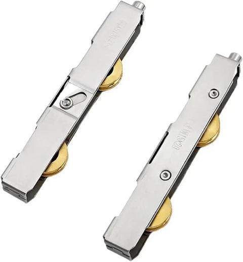 Premium Stainless Steel Sliding Door Rollers With Double Copper Wheels slick glide hardware, close-up view of pulleys.