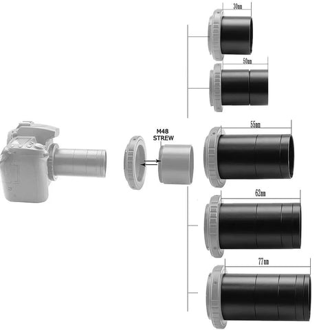 2-Inch M48 Extension Tube Kit With 5 Rings For Backfocus, Eyepiece Projection And Flatteners, DSLR attachment diagram