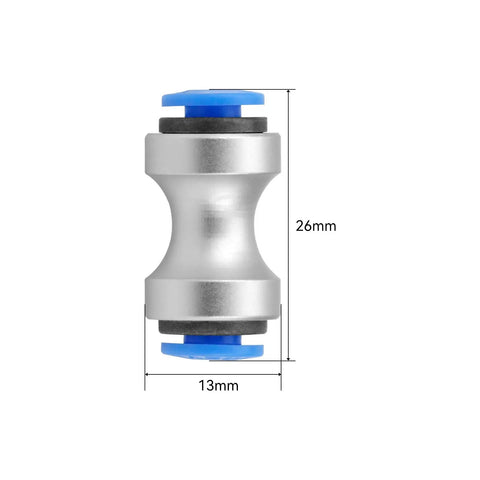 Two Piece Teflon Tube Connector High Flow 3D Printer Filament Feed Adapter solid aluminum alloy design with dimensions 26mm x 13mm.