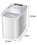 Effortless Portable Ice Cube Maker No Stress Countertop Machine displayed with clear see-through lid and dimensions.