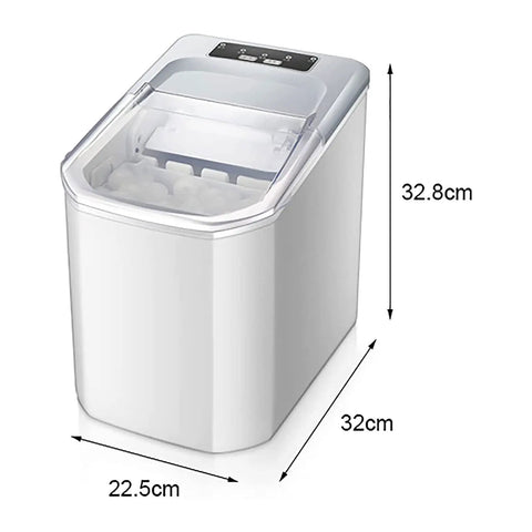 Effortless Portable Ice Cube Maker No Stress Countertop Machine displayed with clear see-through lid and dimensions.