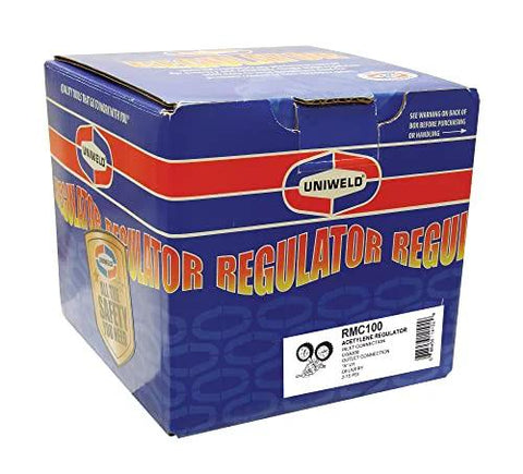 Uniweld RMC100 Centurion acetylene regulator box with blue/red branding and logo
