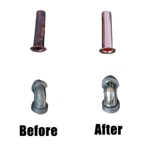Stainless steel tumbling media 14oz, 3 shapes (ball, cone, pin); before/after rust removal on metal tubes and fittings