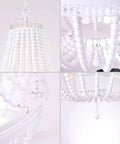 Close-up details of Wood Bead Chandelier Light Fixture in White Finish Farmhouse Bohemian 4 Light Empire Pendant