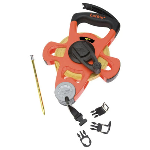 Hi Viz Orange Fiberglass Tape Measure One Half Inch By Thirty Meters Dual SAE And Metric Readouts Four Arm Frame Folding End Hook