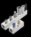 7 Way Pneumatic Manifold Air Distribution Block With G1/2 Supply Ports And G1/4 Output Ports In Aluminum Alloy on black background