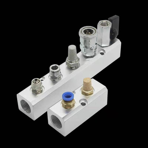 7 Way Pneumatic Manifold Air Distribution Block With G1/2 Supply Ports And G1/4 Output Ports In Aluminum Alloy on black background