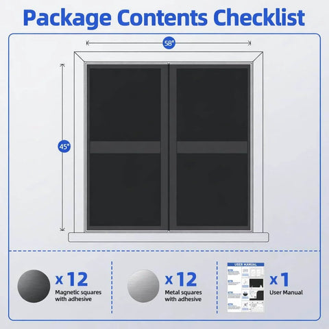 Package contents of Portable No Drill Blackout Window Cover With Strong Magnets For Bedroom And RV 45x58 Inches, includes magnets and manual.