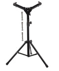 Heavy Duty Tripod Drum Stand And Snare Rack Holder Featuring Non Slip Base For Rock Solid Practice Routines In Sleek Black Finish. View of adjustable height and non-slip base.