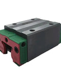 Slick Metal Linear Motion Guide Slider Featuring Badass CGH25CA Carriage Block Rails with precision bearings in green and red.