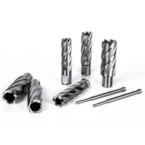 Oscarbide 13-piece annular cutter set with 2-inch cutting depth and Weldon shanks, includes 2 pilot pins