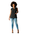 Built Tough Salon Vest With Smooth Zip Front Showing Off Cool Iridescent Drip Designed To Help Pro Hairstylists And Barbers Crush Their Shifts Tailors Snugly For All Day Ease In Classy Black Medium Fit on a model.