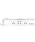 Smart Power Strip With WiFi And Bluetooth Remote Access, Voice Activated Outlets, Quick Charge USB And Type C Ports, App Managed Surge Blocker For A Dope And No Sweat Home Setup, showing white power strip with 4 AC outlets and USB ports.