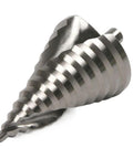 Top Shelf HSS Step Drill Bit Set, Spiral Grooved Cone Chuck For Metal And Wood, showing a spiral drill bit at an angle.