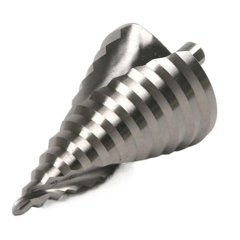 Top Shelf HSS Step Drill Bit Set, Spiral Grooved Cone Chuck For Metal And Wood, showing a spiral drill bit at an angle.