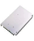 Heavy Duty 150 Watt 12 Volt Enclosed Switching Power Supply Ultra Slim Fanless Design viewed from above with silver chassis.