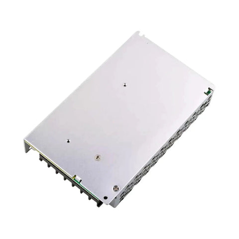 Heavy Duty 150 Watt 12 Volt Enclosed Switching Power Supply Ultra Slim Fanless Design viewed from above with silver chassis.